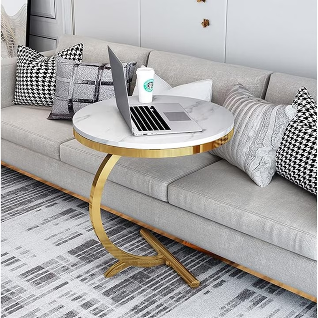 Măsuță Laterală Rotundă în Stil Nordic, Picior Auriu Curbat, Blat Aspect Marmură, 50 cm