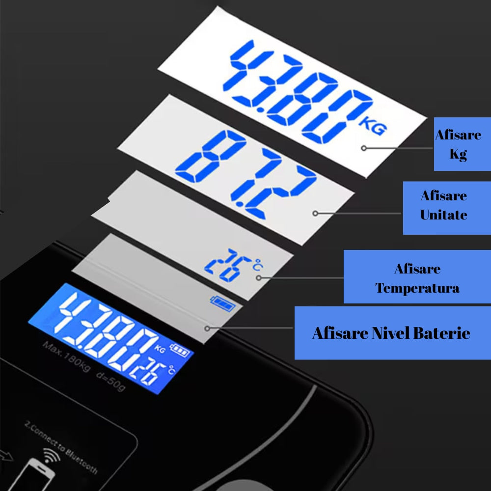 Cantar Corporal Smart | Ecran Digital Iluminat | Bluetooth Android iOS | Analiza Corporala Completa | 180 Kg Max