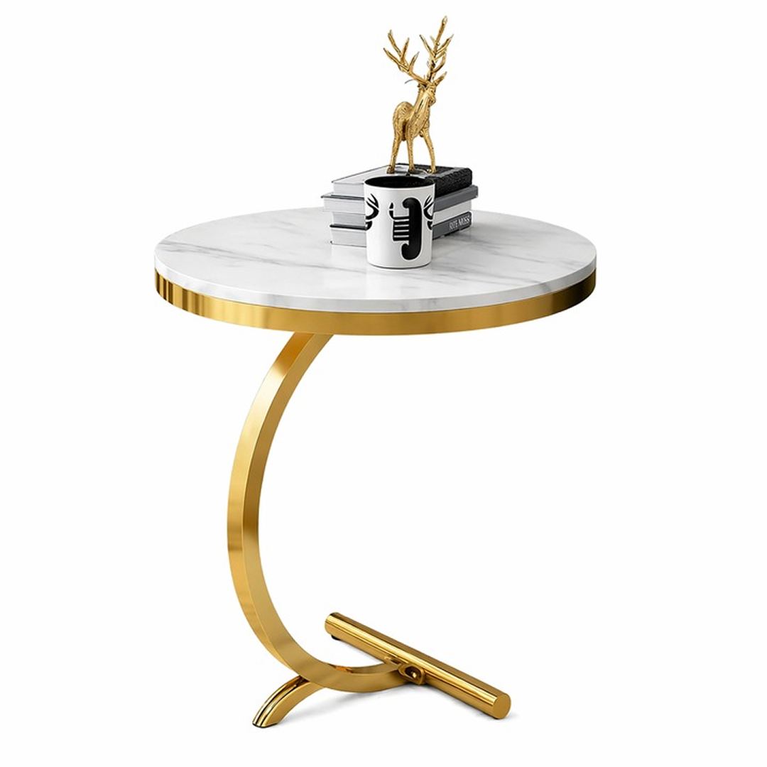 Măsuță Laterală Rotundă în Stil Nordic, Picior Auriu Curbat, Blat Aspect Marmură, 50 cm