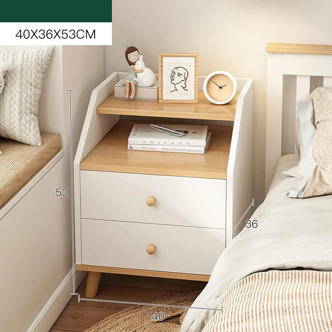 Noptiera Alba cu 2 Sertare si Raft Deschis | MDF | Picioare din Lemn | 40x30x53 cm