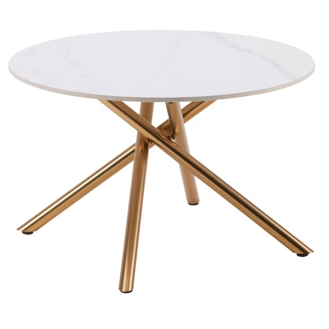 Masuta de Cafea Rotunda cu Blat Alb Aspect Marmura | Picioare Metalice Aurii | 70x70x44 cm