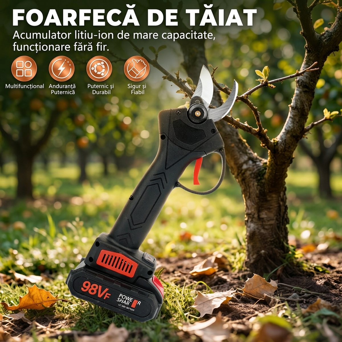Foarfecă Electrică de Grădinărit 30 mm, Lamă Oțel Tungsten, 2 Acumulatori 48V, Valiză