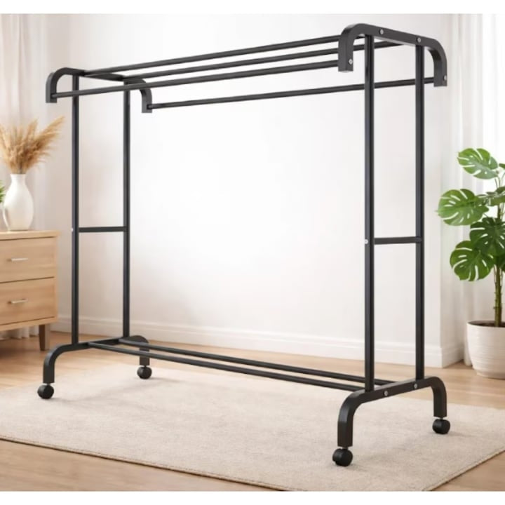 Suport Metalic pentru Haine cu Bară Dublă și 2 Rafturi, 50 kg, 109 x 50,5 x 148 cm, Negru