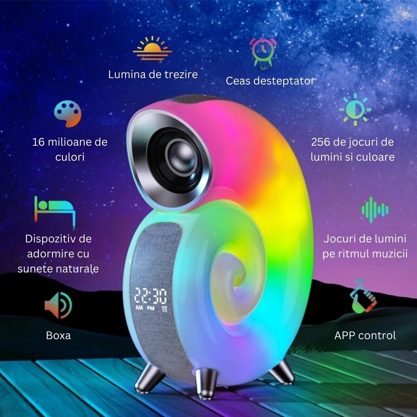 Ceas Cu Alarma Si Boxa Wireless In Forma De Melc | Lampa RGB LED Cu 256 Culori, Bluetooth Si Baterie 2000mAh