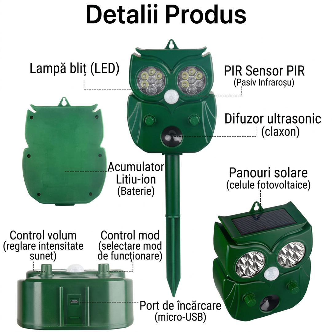 Aparat Solar Ultrasunete Impotriva Daunatorilor - Repelent Solar Animale Design Bufnita | Ultrasunete + 14 LED + Alarma Sonora | Senzor PIR 120° 10m | IP65 | 5 Moduri | USB + Solar