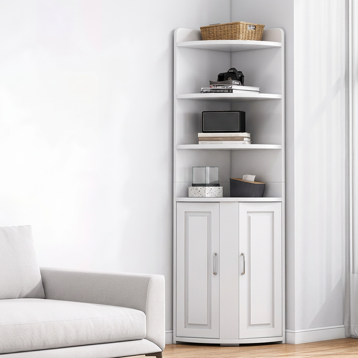 Biblioteca de Colt cu 4 Rafturi si Dulap cu 2 Usi | MDF Alb | 50x50x180 cm