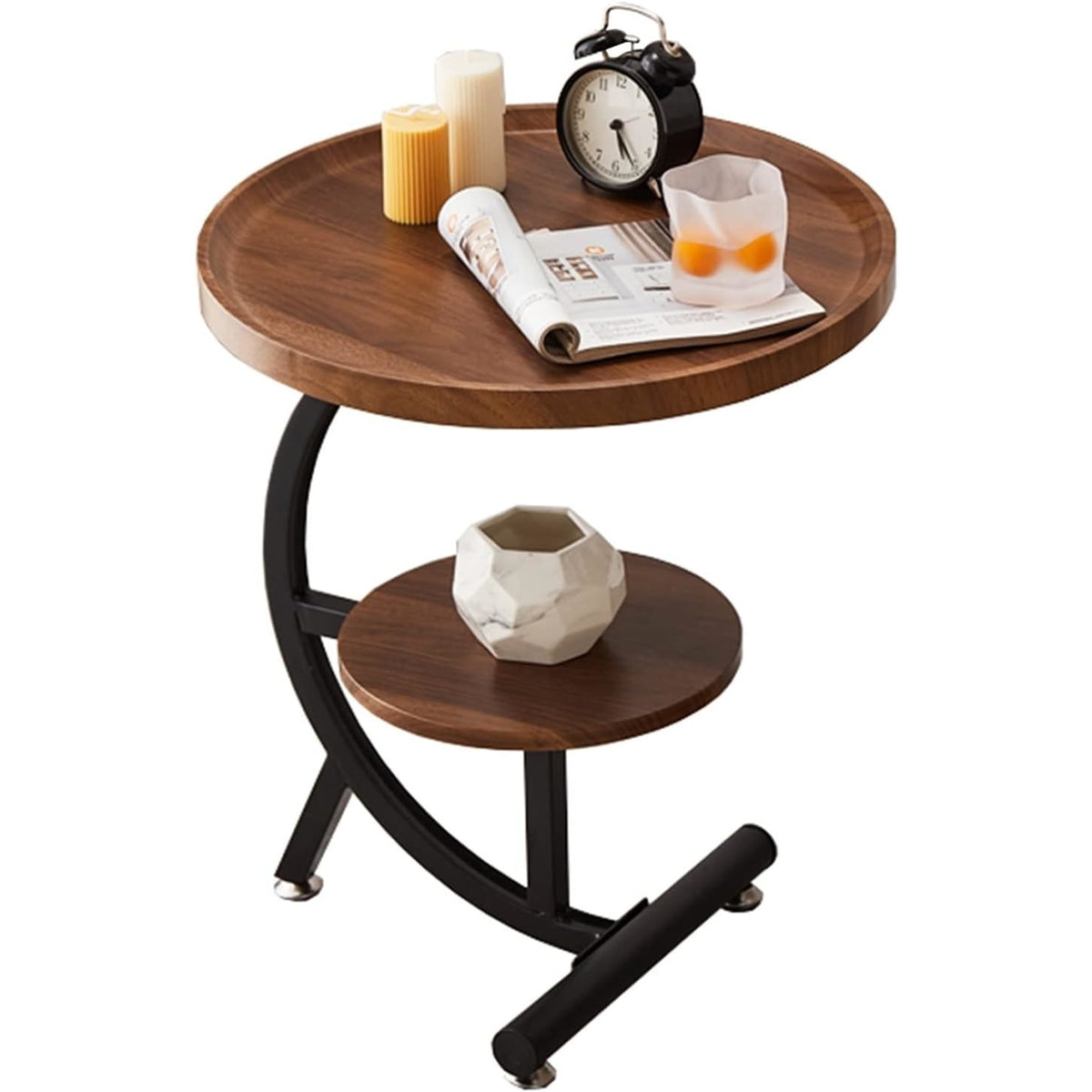 Masuta Laterala Rotunda C-Shaped | 2 Nivele | Lemn si Metal | Maro/Negru | 40x40x62 cm