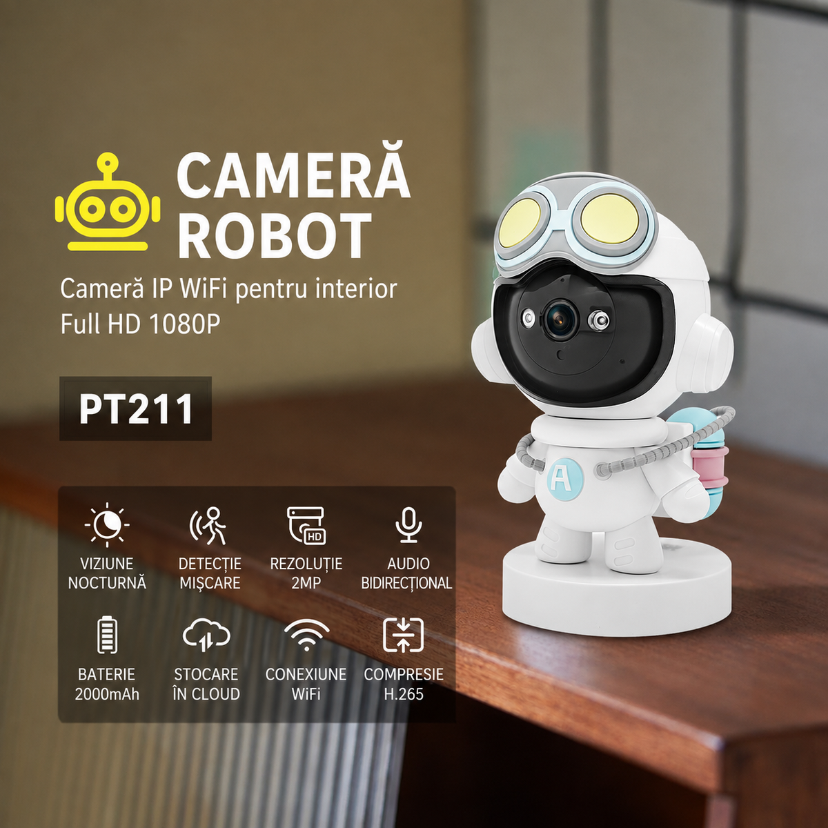 Cameră WiFi de Interior în Formă de Astronaut, Rotire Panoramică, Audio Bidirecțional