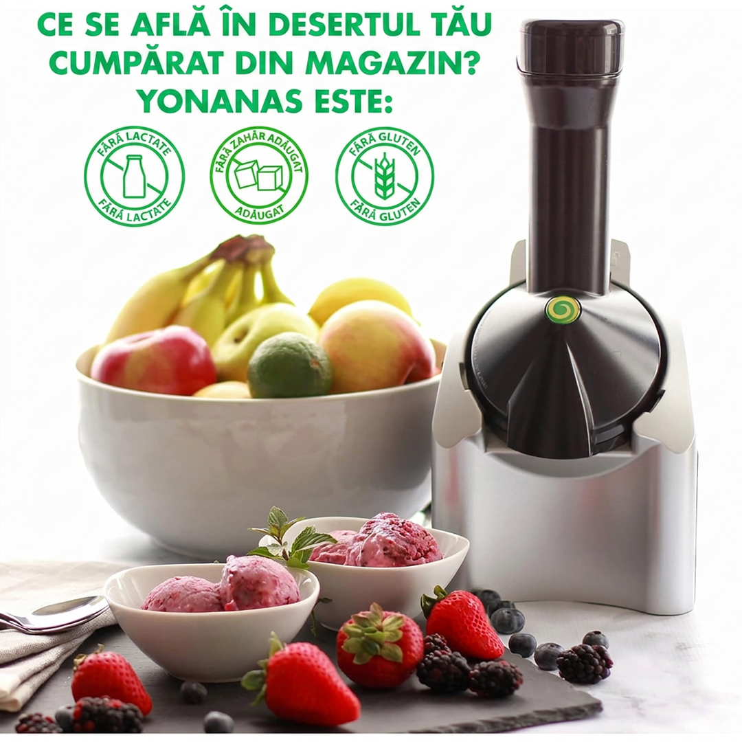 Masina de Inghetata din Fructe 200W | Fara Lactate Fara Zahar Adaugat | Iaurt Congelat in Secunde | PC Rezistent | Buton Unic | Curatare Rapida | Argintiu