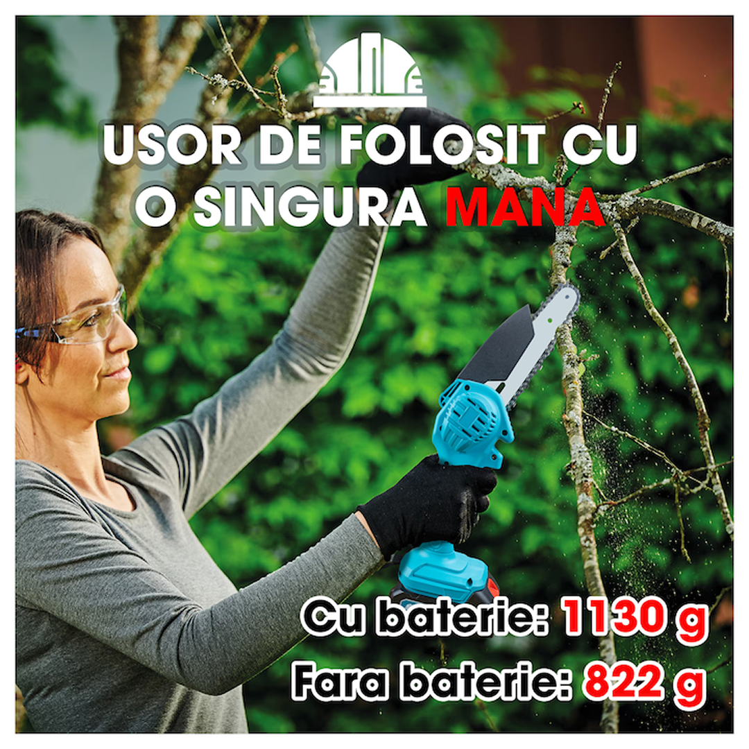 Mini Drujba Electrica Cu Acumulator 8 Inch | 36V | 2 Baterii | 2 Lanturi Incluse | Motor Cupru | Lant Si Lama 20cm | Portabila Cu Valiza