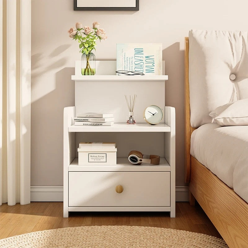 Noptiera Moderna cu Sertar si 3 Polite | MDF | Design Compact | 33x26x60 cm | Alba