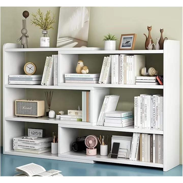 Biblioteca Extensibila cu 6 Compartimente | Rotativa si Reglabila 60-120 cm | Economisire Spatiu | Alb | 120x17x80 cm