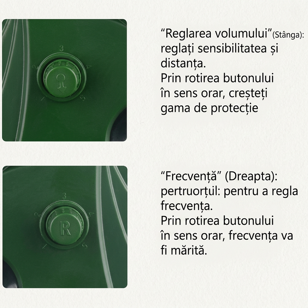Aparat Solar Ultrasunete Impotriva Daunatorilor - Repelent Solar Animale Design Bufnita | Ultrasunete + 14 LED + Alarma Sonora | Senzor PIR 120° 10m | IP65 | 5 Moduri | USB + Solar