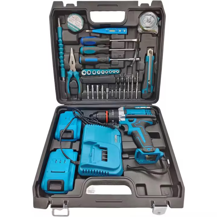 Set Bormasina cu Acumulator 48V + Mini Fierastrau | 2 Acumulatori | Accesorii Multifunctionale | Manusi Protectie | Valiza Transport
