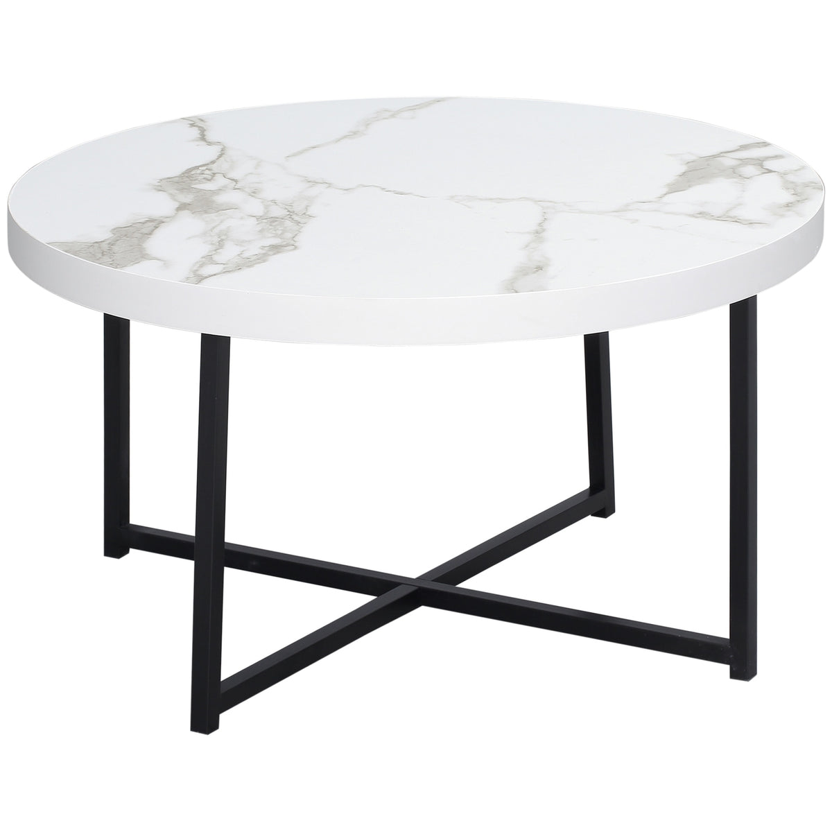 Masuta de Cafea Rotunda cu Blat Efect Marmura | Cadru Metalic in X | Alba | 50x38 cm