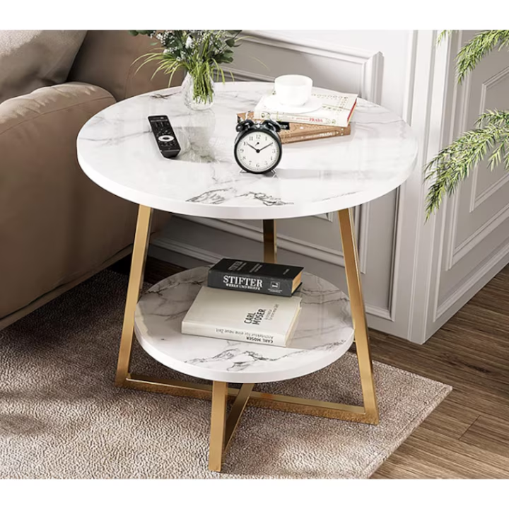 Măsuță de Cafea Rotundă cu 2 Niveluri, Blat cu Aspect de Marmură și Cadru Auriu