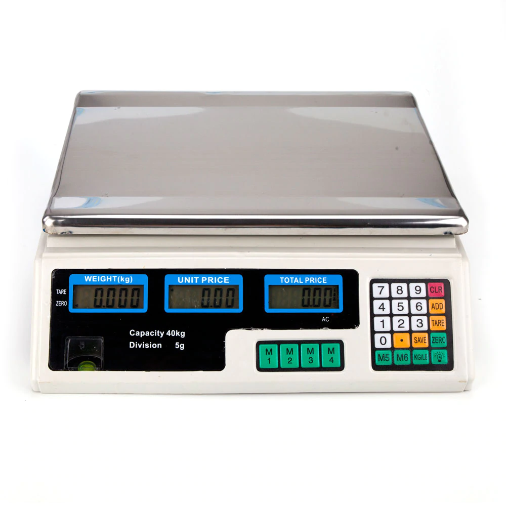 Cântar Electronic cu Calcul de Preț, 40 kg, Afișaj Dublu, Platan Inox și Acumulator
