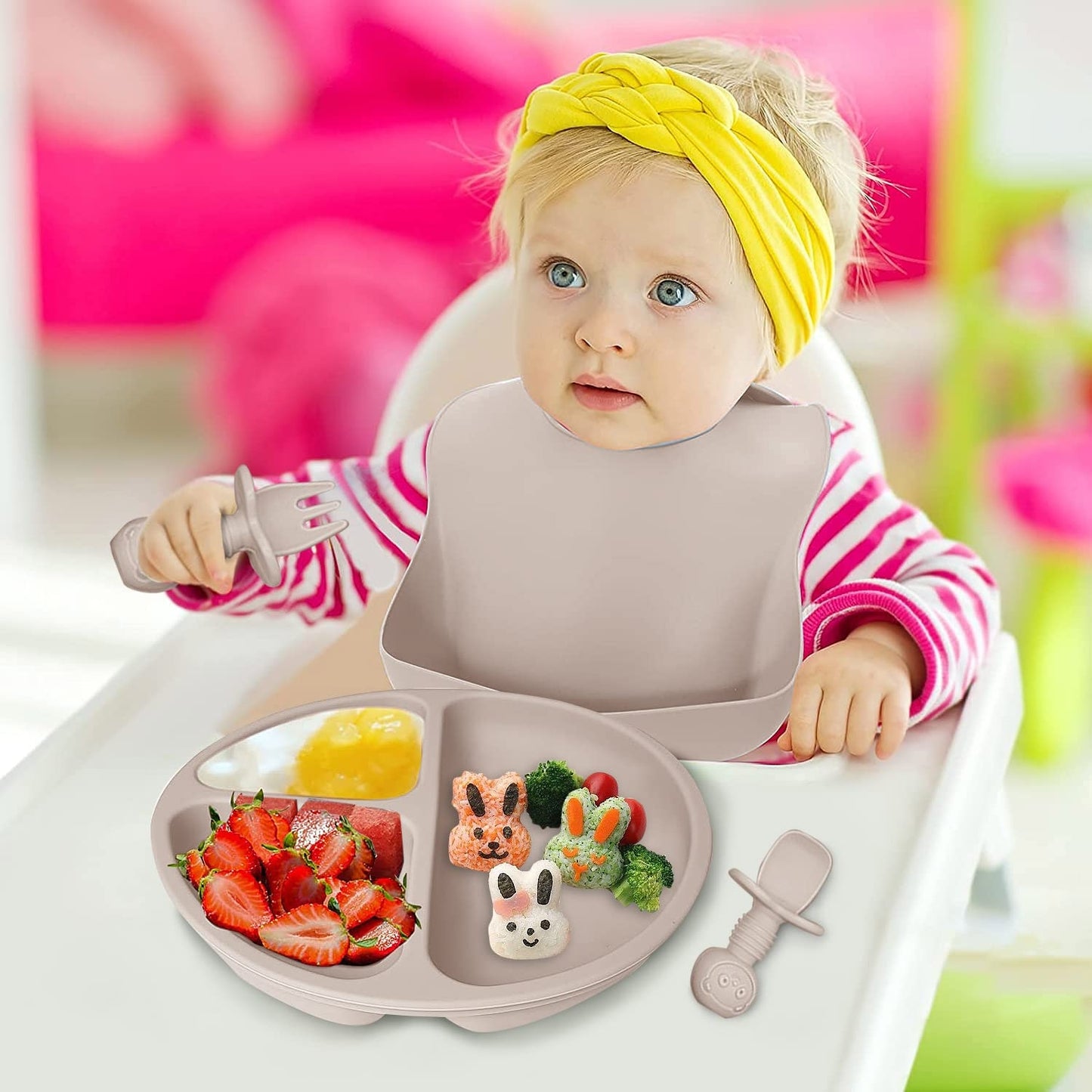PROMO Set Complet Piese Hranire Bebe + Suzeta Pentru Fructe | Silicon Fara Alergeni | Diversificare: Baveta, Farfurie, Bol, Cana, Lingurita Si Furculita