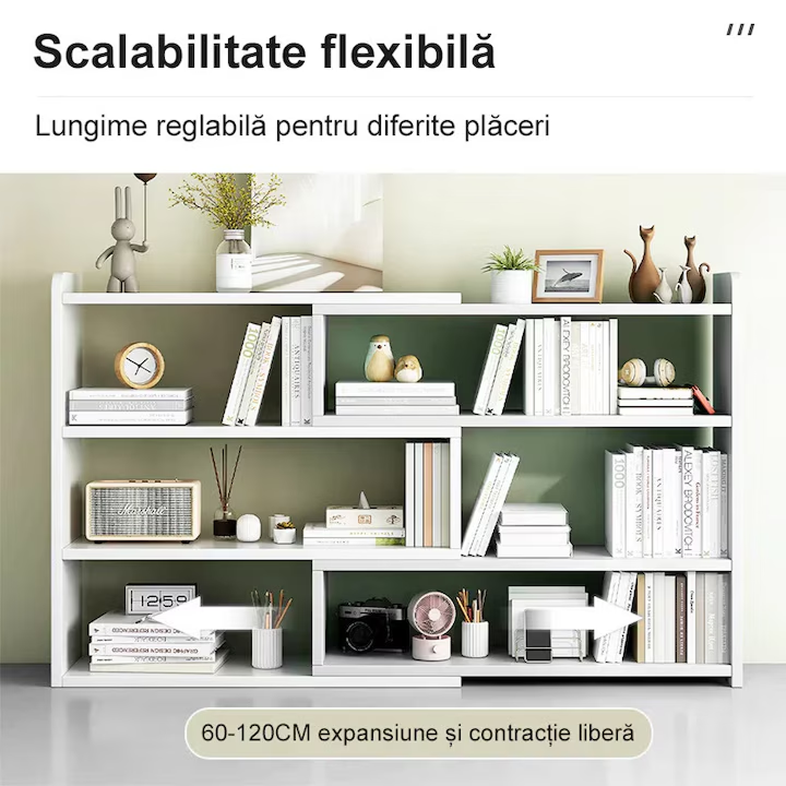 Biblioteca Extensibila cu 6 Compartimente | Rotativa si Reglabila 60-120 cm | Economisire Spatiu | Alb | 120x17x80 cm