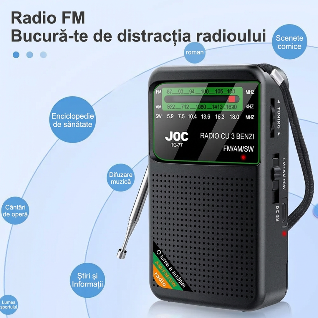 Radio Portabil | AM FM SW Stereo | USB-C Baterii 1000mAh Mufa Casti | Difuzor 3W | Negru