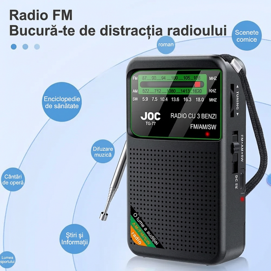 Radio Portabil | AM FM SW Stereo | USB-C Baterii 1000mAh Mufa Casti | Difuzor 3W | Negru