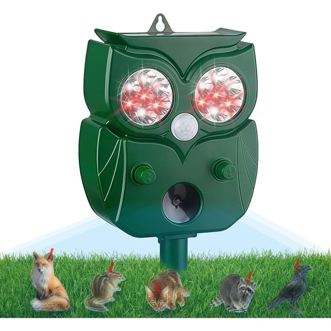 Aparat Solar Ultrasunete Impotriva Daunatorilor - Repelent Solar Animale Design Bufnita | Ultrasunete + 14 LED + Alarma Sonora | Senzor PIR 120° 10m | IP65 | 5 Moduri | USB + Solar