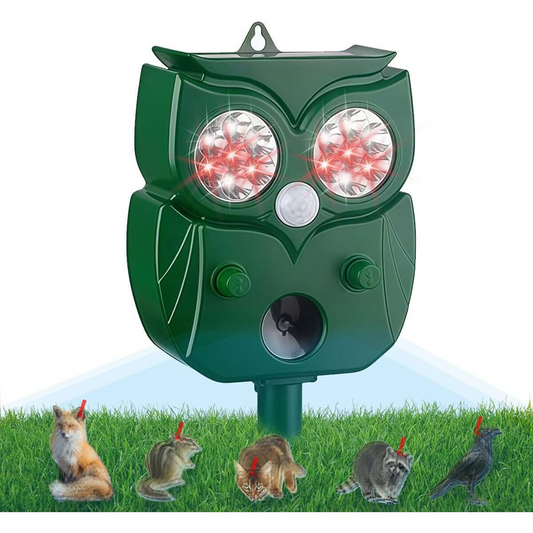 Aparat Solar Ultrasunete Impotriva Daunatorilor - Repelent Solar Animale Design Bufnita | Ultrasunete + 14 LED + Alarma Sonora | Senzor PIR 120° 10m | IP65 | 5 Moduri | USB + Solar