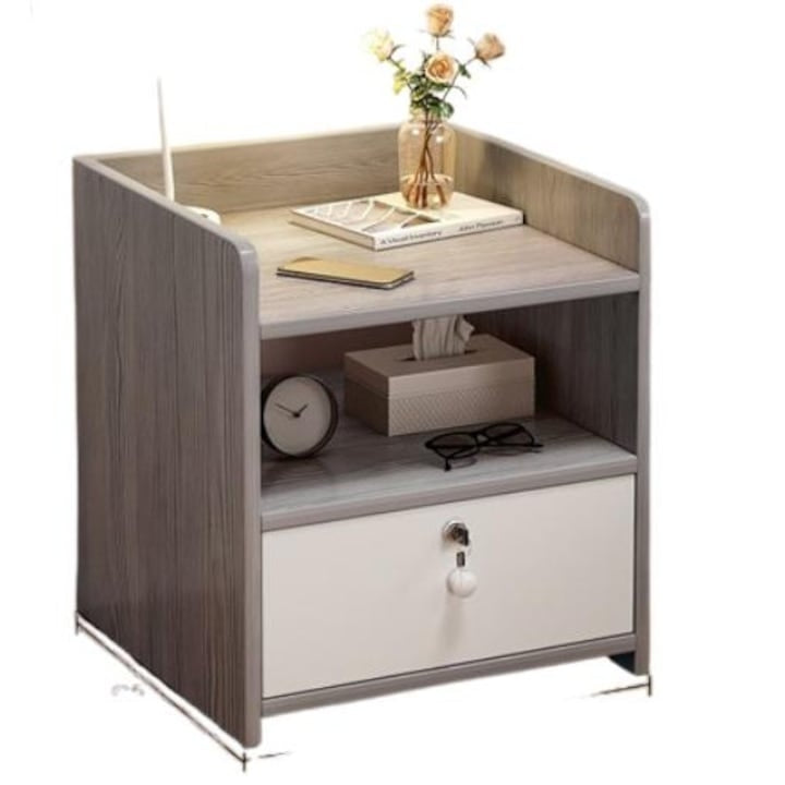 Noptiera cu Sertar si Incuietoare | Blat cu Margini de Protectie | Design Compact | Gri | 40x32x26 cm