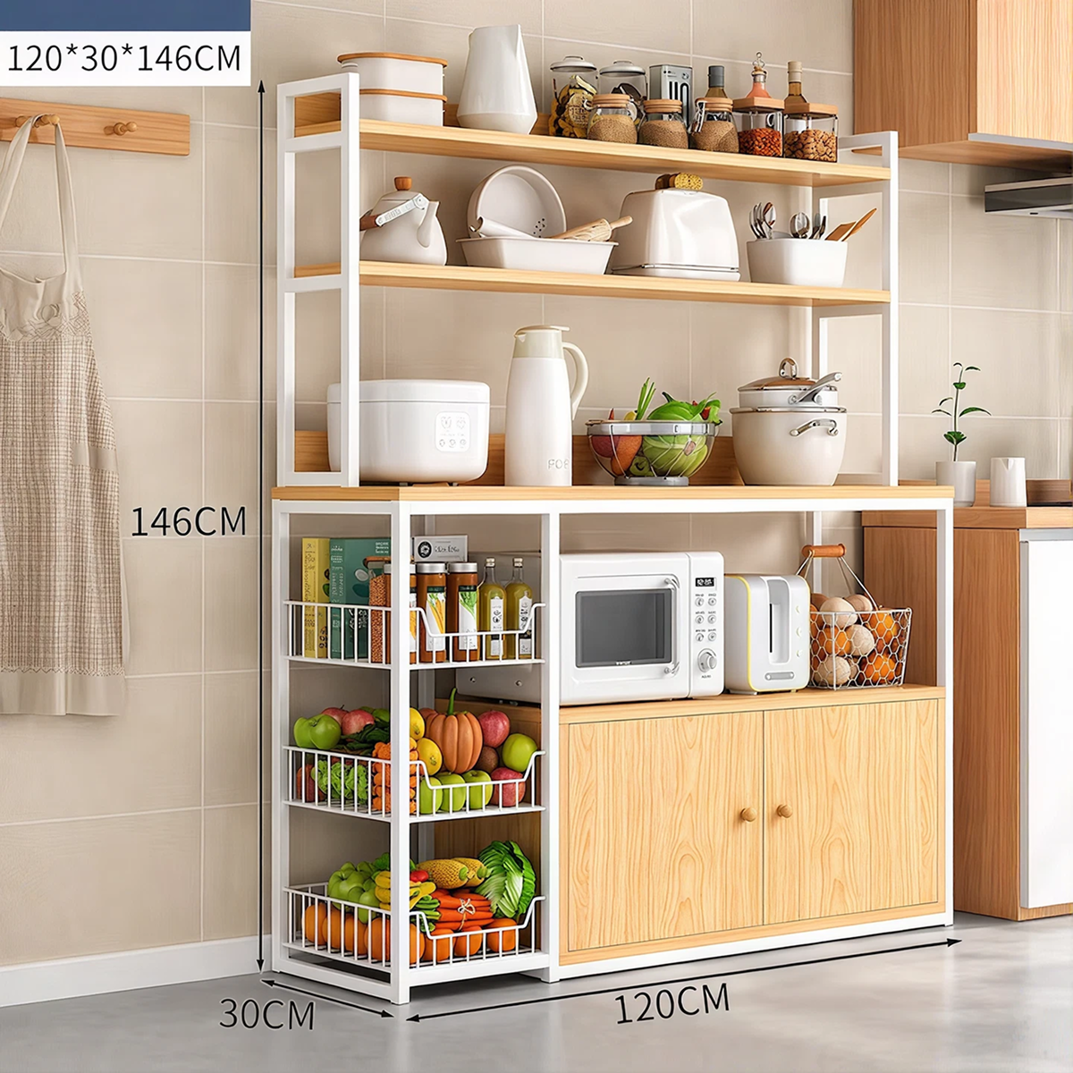 Etajera Multifunctionala pentru Bucatarie | 3 Rafturi, 3 Cosuri Laterale si Dulap | Metal | 120x30x146 cm