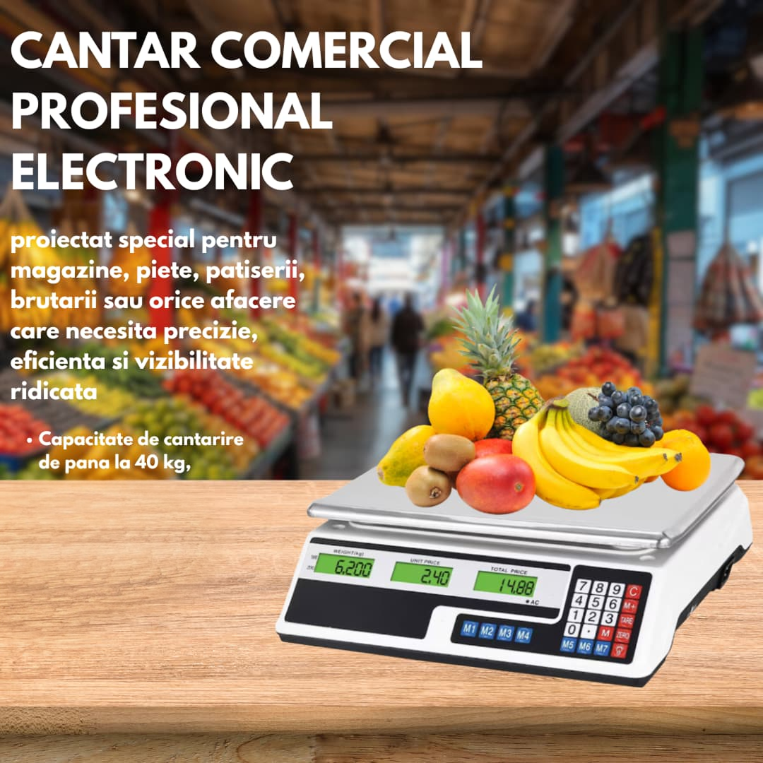 Cantar Comercial Electronic Profesional | Capacitate 40 Kg | Afisaj Dublu Iluminat | Tava Metalica | Functie Memorie