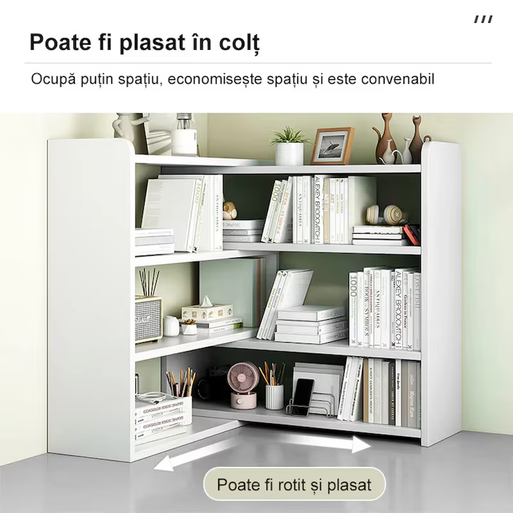 Biblioteca Extensibila cu 6 Compartimente | Rotativa si Reglabila 60-120 cm | Economisire Spatiu | Alb | 120x17x80 cm