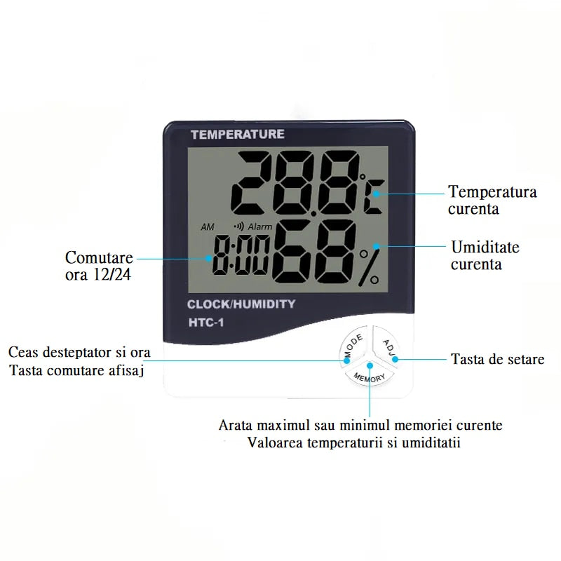 Termohigrometru Digital 3 în 1 | Ceas, Alarmă, Calendar și Senzor de Umiditate