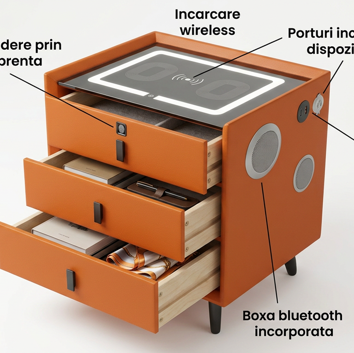 Noptiera Smart cu 3 Sertare si Blocare cu Amprenta | Incarcare Wireless, USB Type-C, LED Tactil, Bluetooth | Portocaliu | 45x40x59 cm