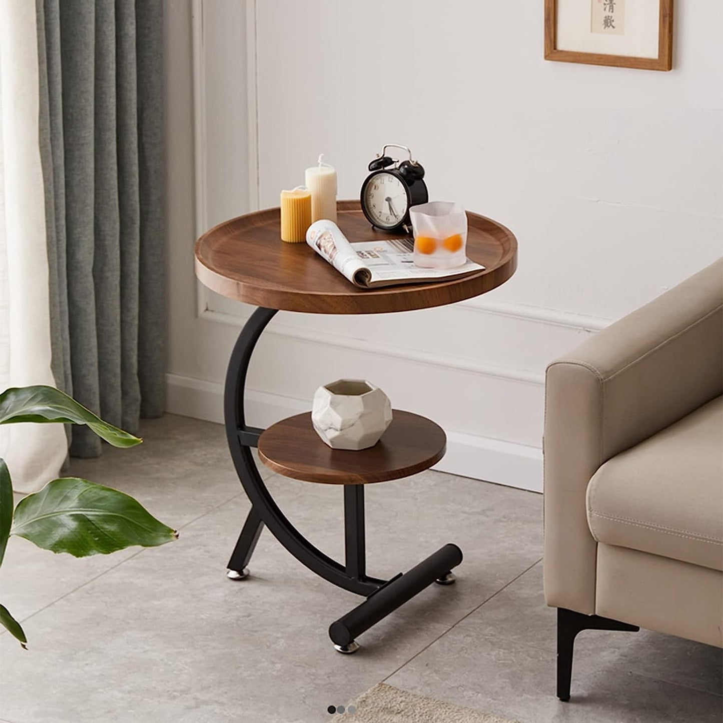 Masuta Laterala Rotunda C-Shaped | 2 Nivele | Lemn si Metal | Maro/Negru | 40x40x62 cm