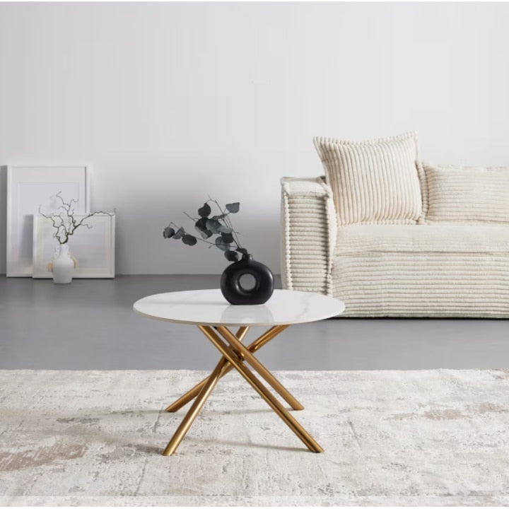 Masuta de Cafea Rotunda cu Blat Alb Aspect Marmura | Picioare Metalice Aurii | 70x70x44 cm