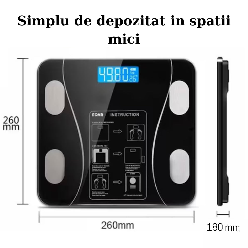 Cantar Corporal Smart | Ecran Digital Iluminat | Bluetooth Android iOS | Analiza Corporala Completa | 180 Kg Max