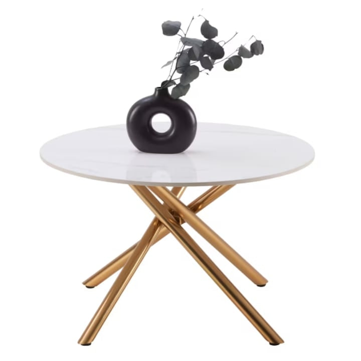 Masuta de Cafea Rotunda cu Blat Alb Aspect Marmura | Picioare Metalice Aurii | 70x70x44 cm