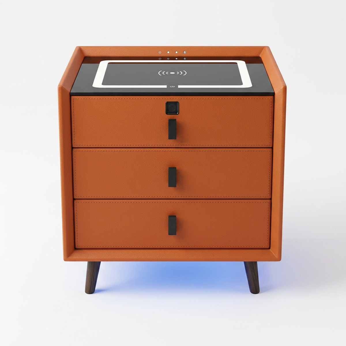 Noptiera Smart cu 3 Sertare si Blocare cu Amprenta | Incarcare Wireless, USB Type-C, LED Tactil, Bluetooth | Portocaliu | 45x40x59 cm