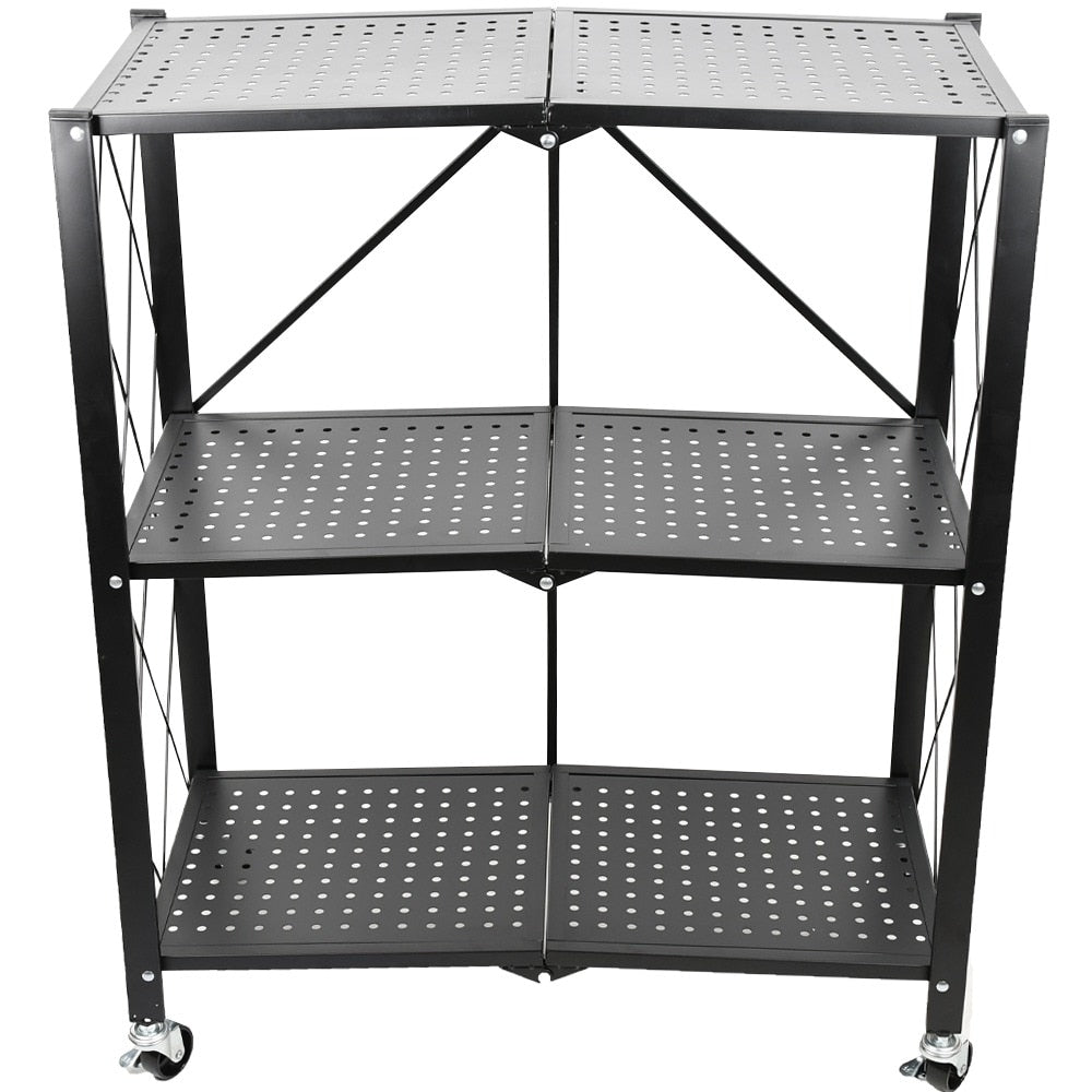 Raft Metalic Pliabil cu 3 Polițe, pe Roți, Oțel Negru, 71,5 x 34 x 87 cm