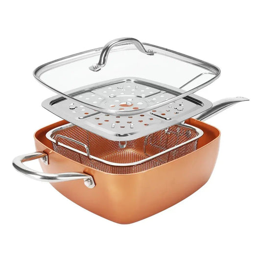 Tigaie Multifunctionala 5 Piese | Non-Aderenta Din Ceramica Si Inox Cu Capac, Cos Si Gratar