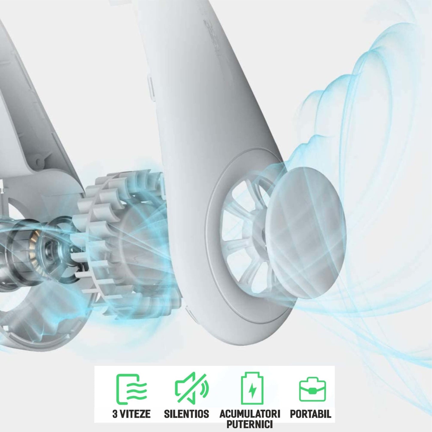 Ventilator Portabil pentru Gat | Fara Lame 360° | 64 Orificii Aer | Baterie 2600mAh 7 Ore | 3 Viteze | USB-C | Maini Libere