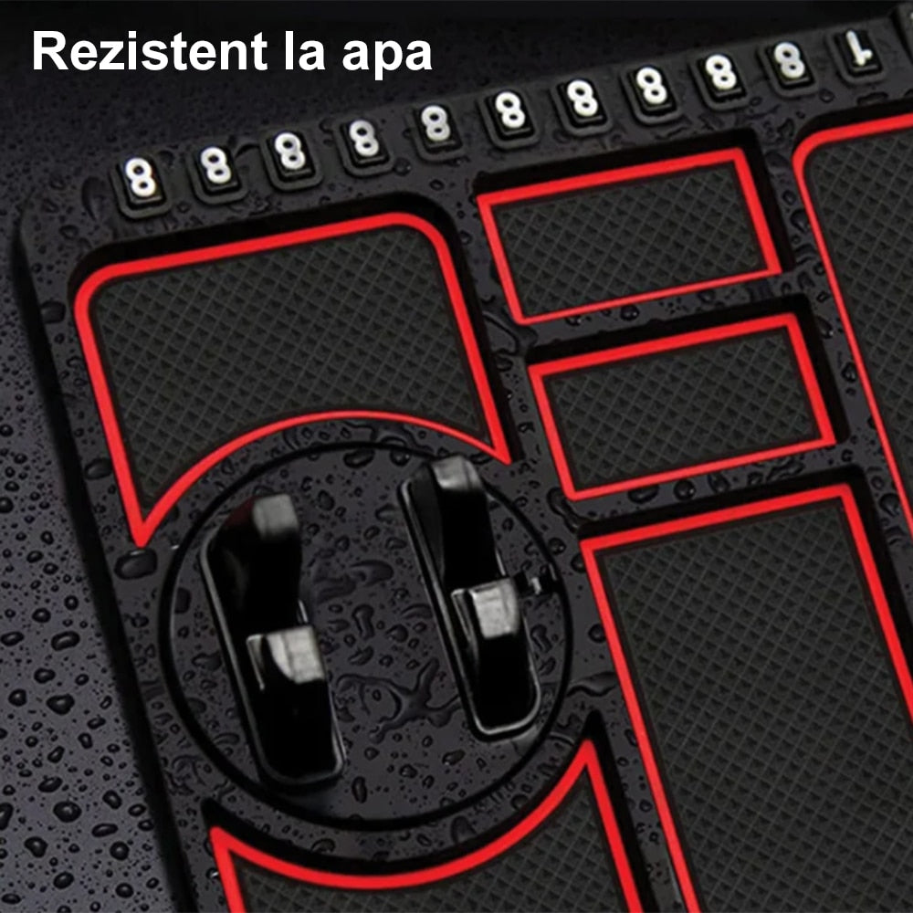 Suport Auto Multifunctional 4-in-1 | Antiderapant | Stand Telefon + Spatii Depozitare + Afisaj Număr Telefon | Culoare Rosu