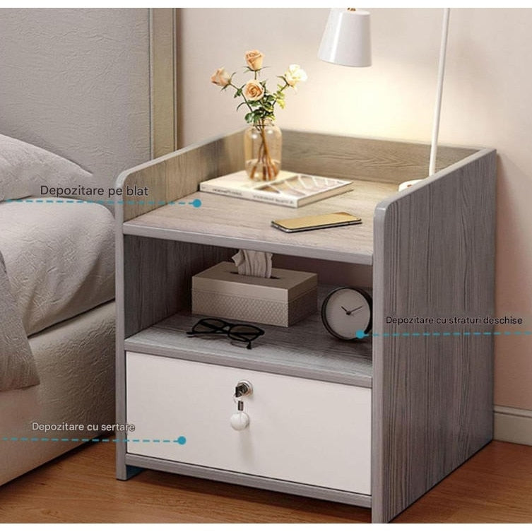 Noptiera cu Sertar si Incuietoare | Blat cu Margini de Protectie | Design Compact | Gri | 40x32x26 cm