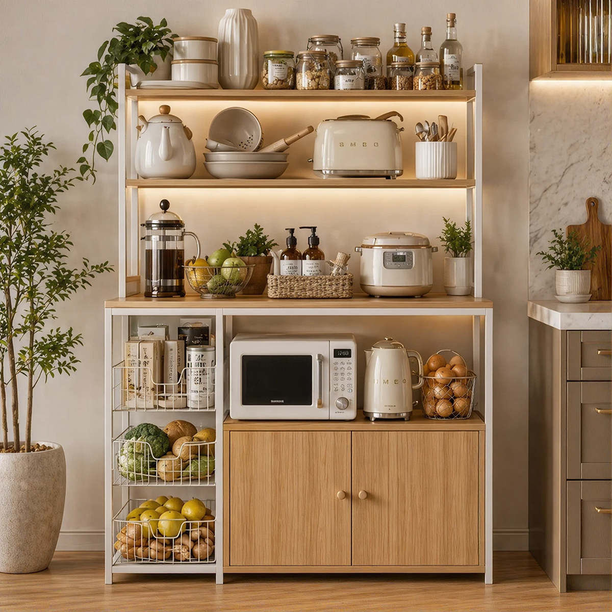 Etajera Multifunctionala pentru Bucatarie | 3 Rafturi, 3 Cosuri Laterale si Dulap | Metal | 120x30x146 cm
