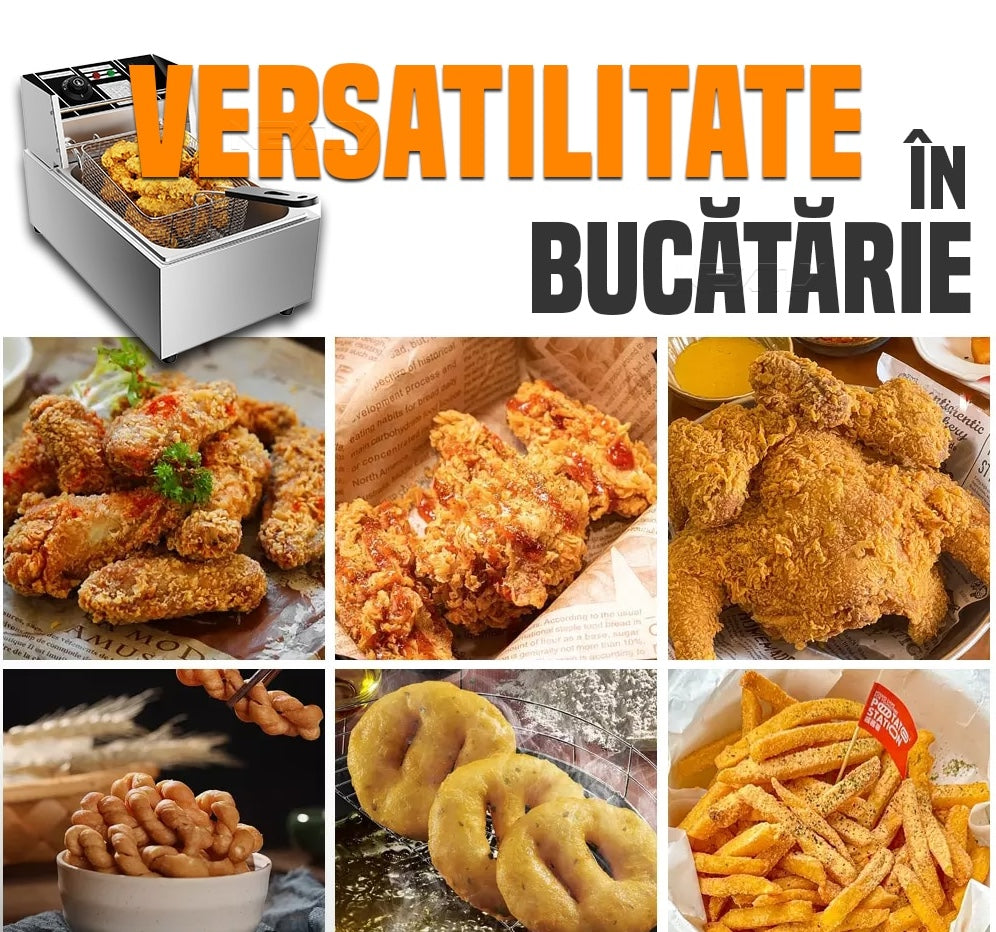 Friteuza Electrica Profesionala | 6 Litri Inox, 2500W, Termostat Reglabil, Uz Comercial si Casnic