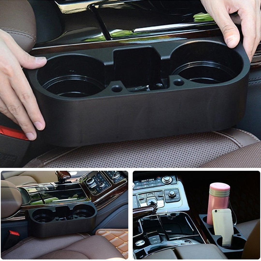 1+1 PROMO Suport Pahare Auto Cu Organizator | 2 Suporturi + Slot Telefon | Anti-Cadere Intre Scaune | Instalare Rapida | Plastic Rezistent