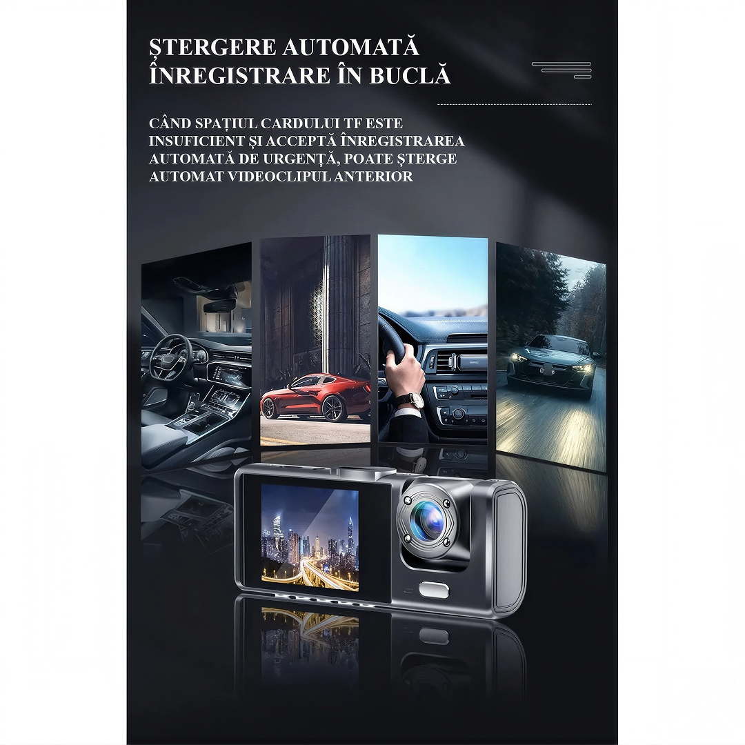 Camera Auto Bord Tripla DVR | Full HD 1080P | Fata + Spate + Interior | Ecran IPS 2" | G-Senzor | Detectie Miscare | Inregistrare Ciclica