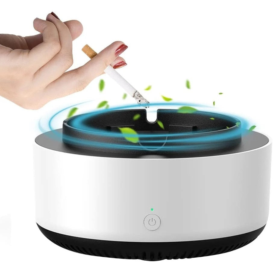 Scrumiera Electrica cu Aspiratie 360° | Ioni Negativi | Filtru cu Carbon Activ | Oprire Automata | 2 Baterii AA | Alba