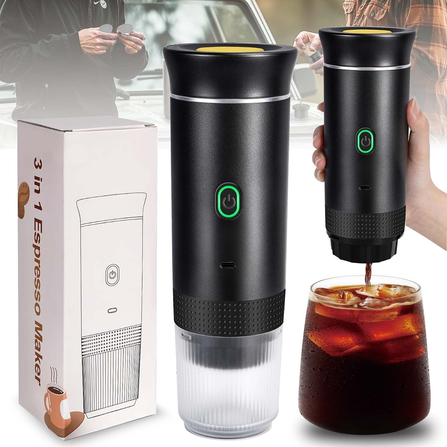 Espressor Portabil Capsule 3-In-1 | Presiune 18 Bar | Aparat Cafea cu Baterie Integrata | Incalzire Apa | USB-C