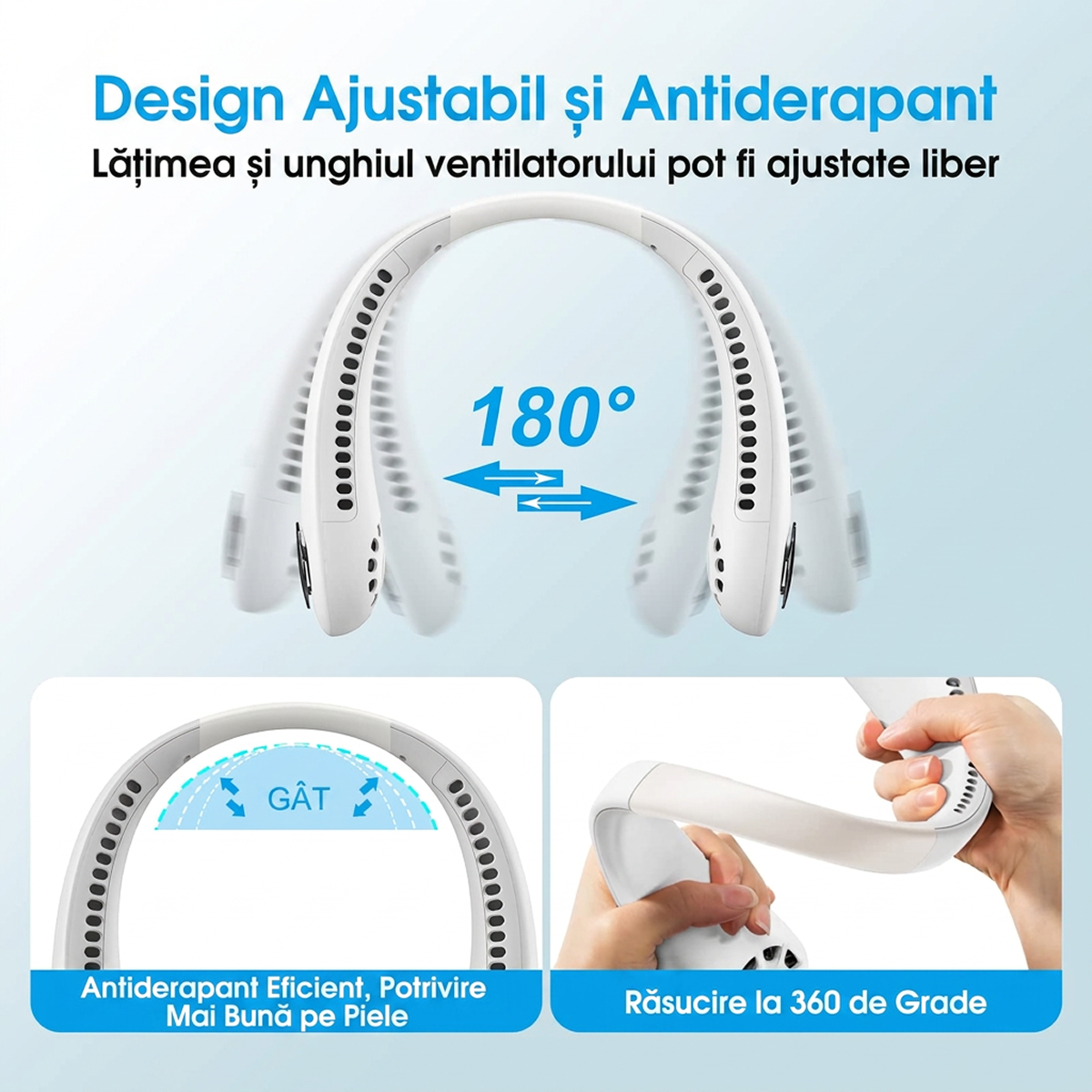 Ventilator Portabil pentru Gat | Pachet 1+1 Doua Bucati | Fara Lame 360° | 2600mAh 7 Ore | 3 Viteze | USB-C | Maini Libere